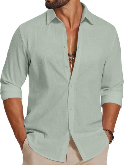 Men's Casual Button Down Shirts Long Sleeve Cotton Beach Wedding Shirt Summer Linen Shirt for Men