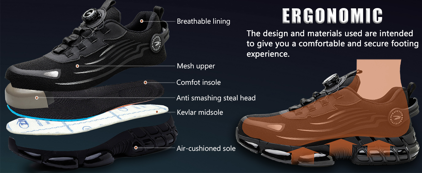 Two hiking boots showcasing ergonomic features: breathable lining, mesh upper, comfort insole, anti-smashing steel head, Kevlar midsole, and air-cushioned sole. One boot is black, the other brown.