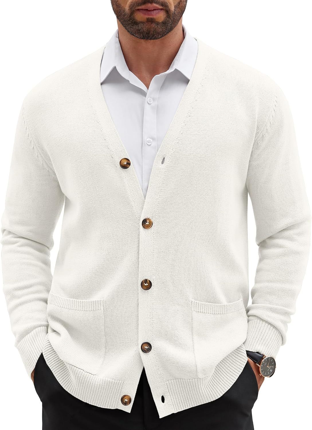 Mens Cardigan V Neck Sweater Lightweight Button Slim Fit Pockets