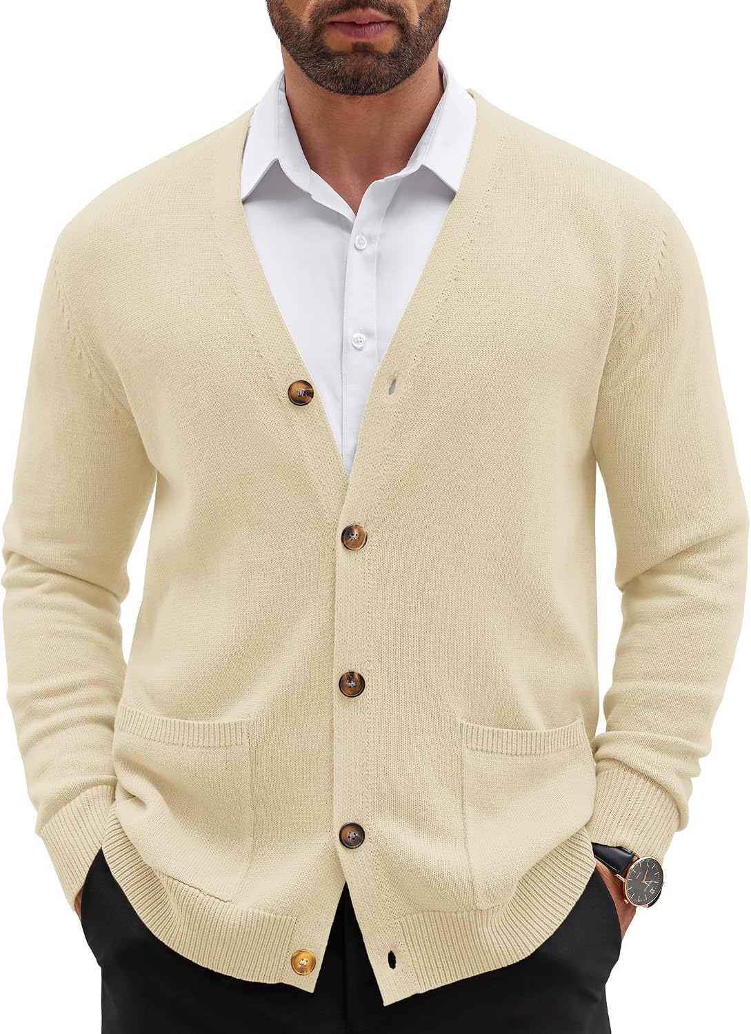 Mens Cardigan V Neck Sweater Lightweight Button Slim Fit Pockets