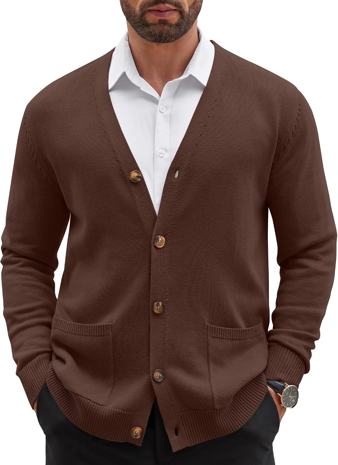 Mens Cardigan V Neck Sweater Lightweight Button Slim Fit Pockets
