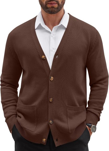 Mens Cardigan V Neck Sweater Lightweight Button Slim Fit Pockets