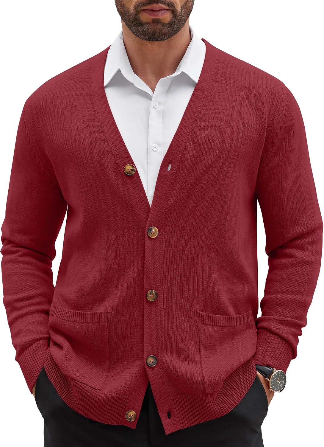 Mens Cardigan V Neck Sweater Lightweight Button Slim Fit Pockets