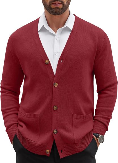 Mens Cardigan V Neck Sweater Lightweight Button Slim Fit Pockets