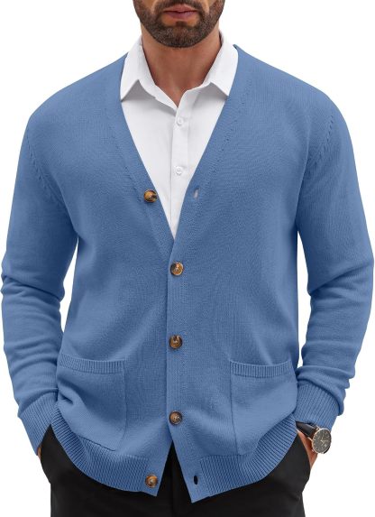 Mens Cardigan V Neck Sweater Lightweight Button Slim Fit Pockets