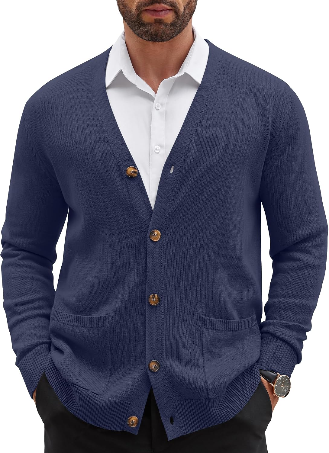 Mens Cardigan V Neck Sweater Lightweight Button Slim Fit Pockets