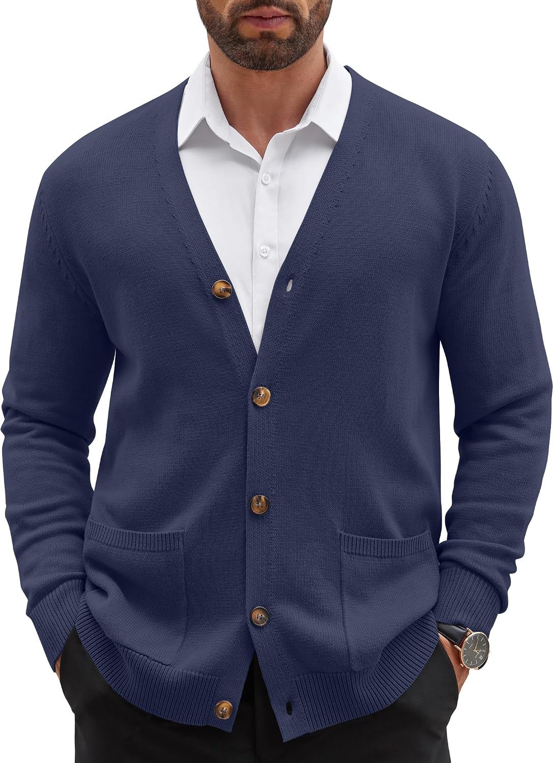 Mens Cardigan V Neck Sweater Lightweight Button Slim Fit Pockets