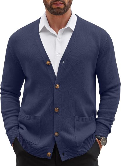 Mens Cardigan V Neck Sweater Lightweight Button Slim Fit Pockets