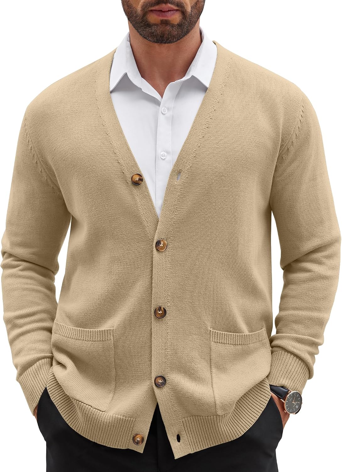 Mens Cardigan V Neck Sweater Lightweight Button Slim Fit Pockets