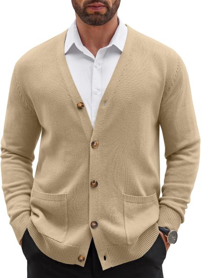Mens Cardigan V Neck Sweater Lightweight Button Slim Fit Pockets