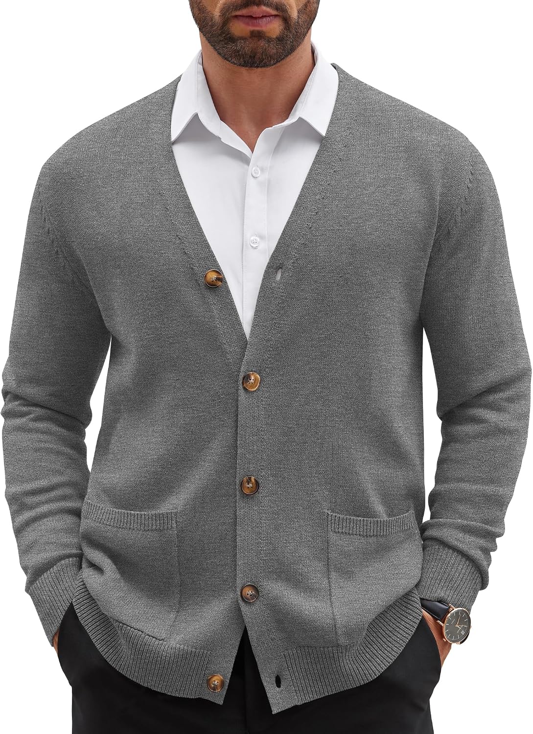 Mens Cardigan V Neck Sweater Lightweight Button Slim Fit Pockets