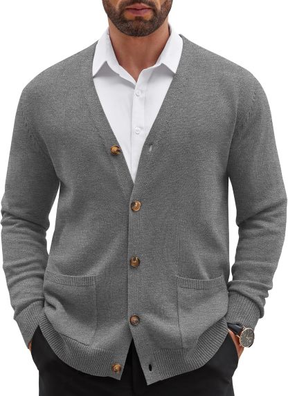 Mens Cardigan V Neck Sweater Lightweight Button Slim Fit Pockets