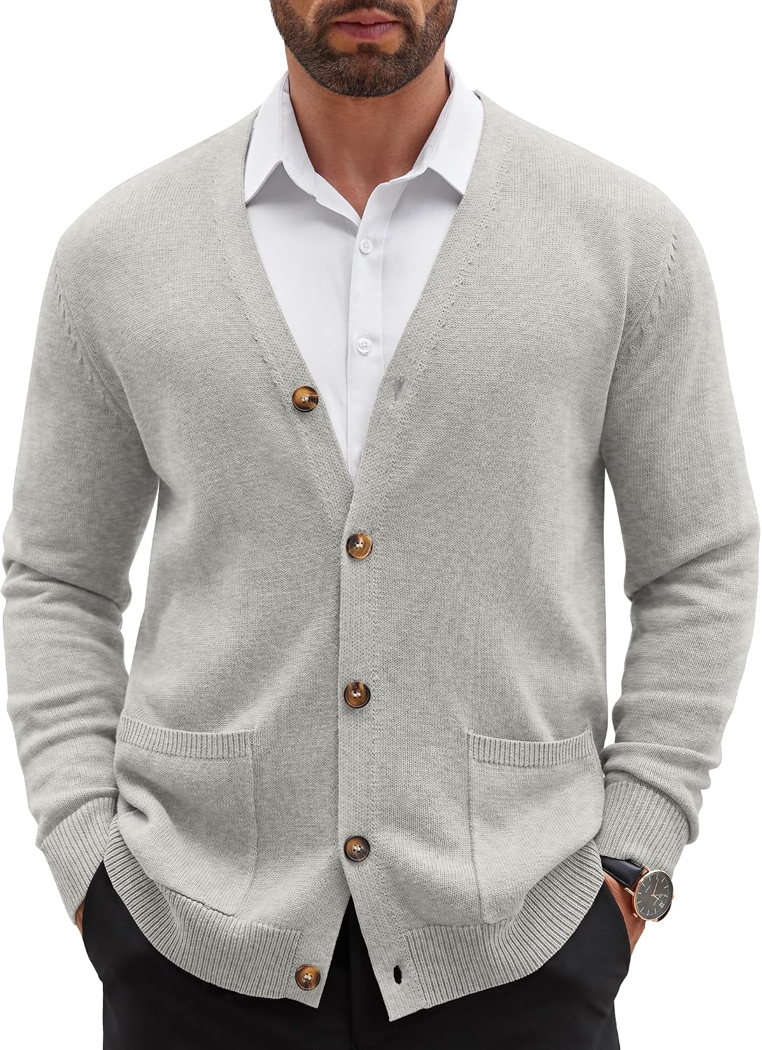 Mens Cardigan V Neck Sweater Lightweight Button Slim Fit Pockets