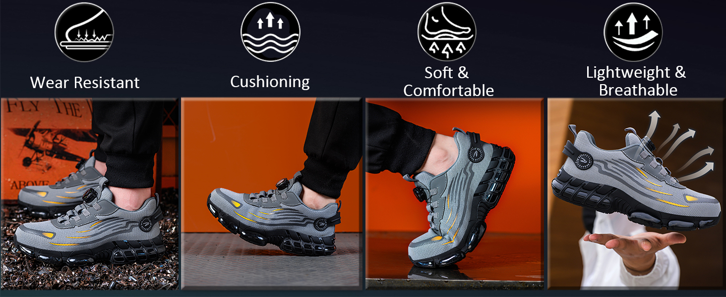 Four-panel image showcasing hiking shoes with icons indicating wear resistance, cushioning, slip resistance, and breathability features.