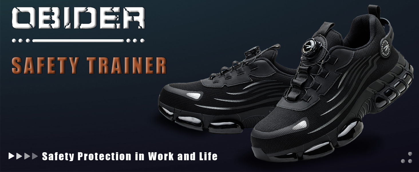 Black athletic shoes with chunky soles and a dial closure system. Text reads 'QBIDEA SAFETY TRAINER'.