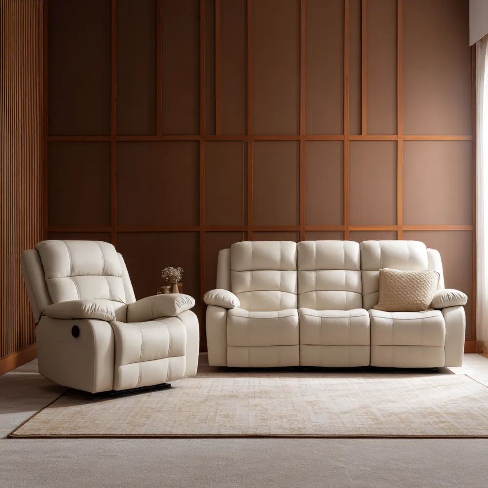 Sofa-Set Leder 3-Sitzer 200x95x100 cm mit Sessel 95x95x100 cm – Cremeweiß – Modernes Design