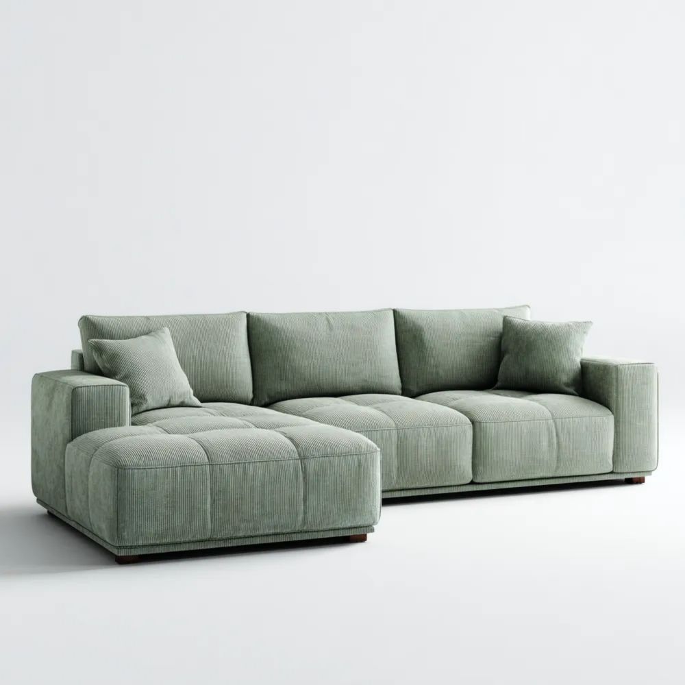 Ecksofa aus Cordstoff 250x150x85 cm – Hellgrün – Moderner Stil