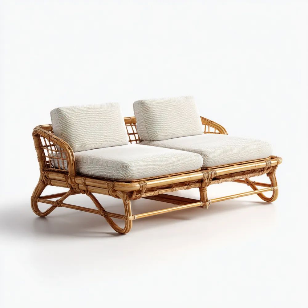 2-Sitzer-Gartensofa Rattan 150x80x75 cm Sitzkissen - Naturweiß - Boho-Stil