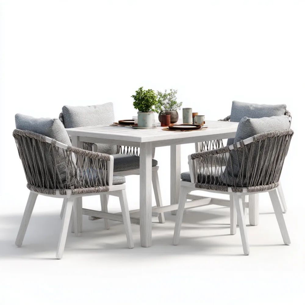 Garten-Essgruppe Holz-Seilgeflecht 120x75x75 cm Grau-Weiß - Moderner Stil