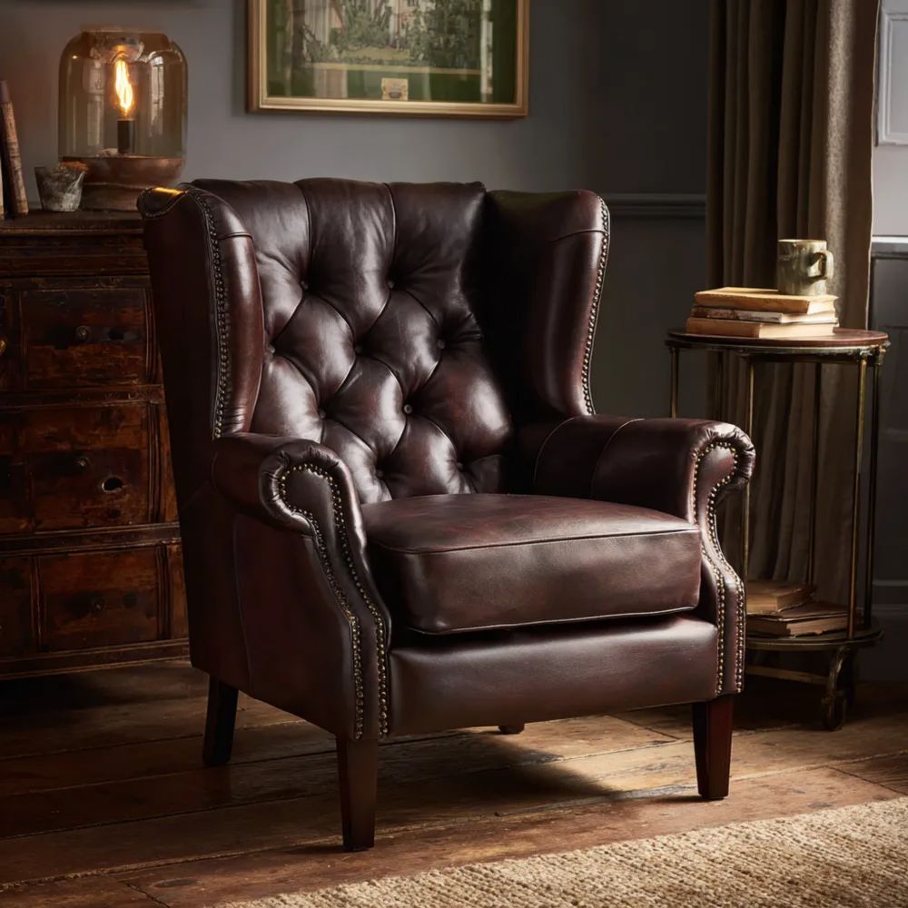 Ohrenbackensessel Leder 80x90x100 cm – Dunkelbraun – Klassisches Design