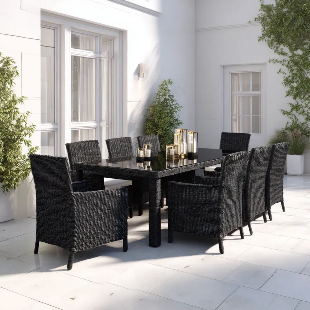 Garten-Essgruppe Polyrattan 200x100x75 cm – Schwarz – Modernes Design mit 8 Stühlen
