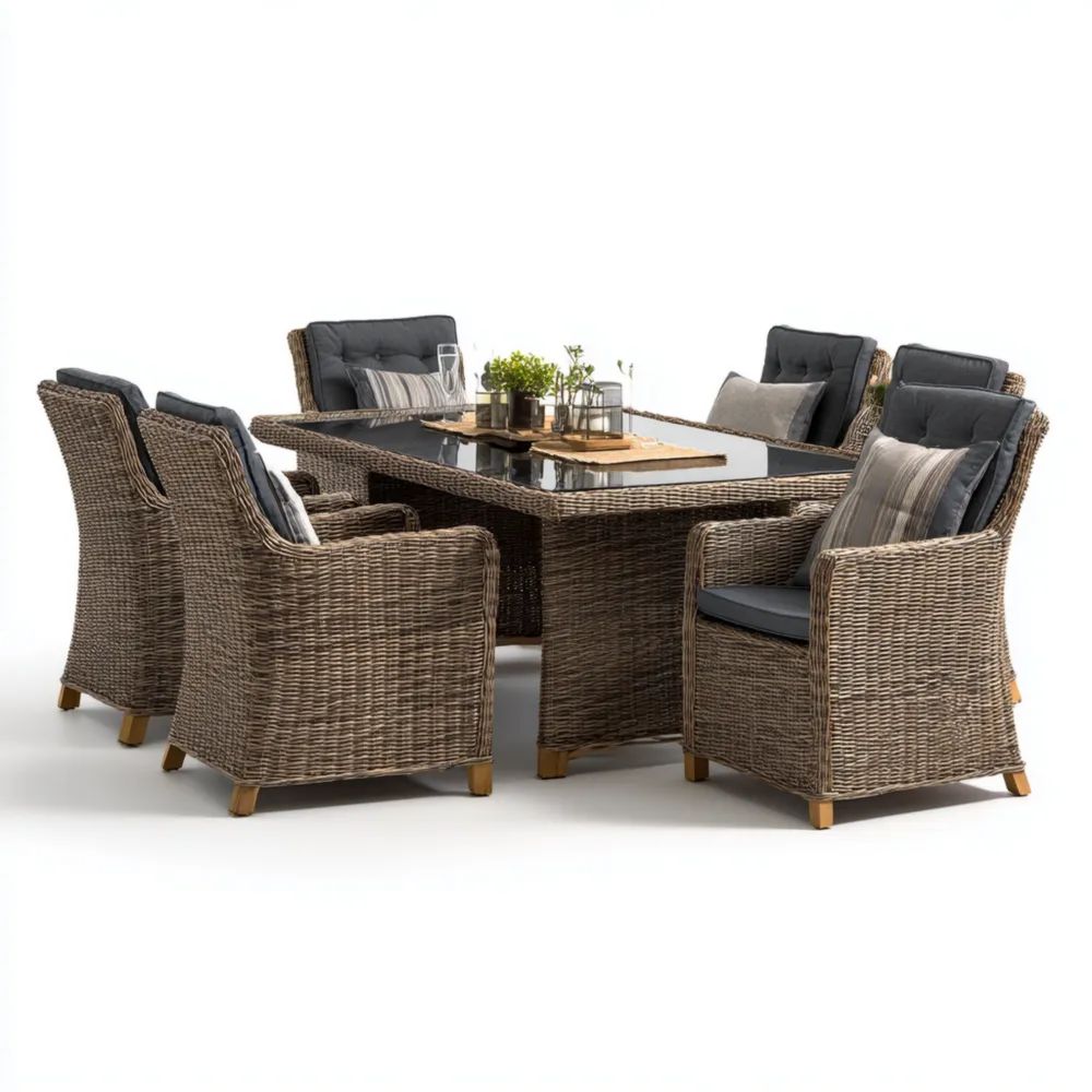 Garten-Essgruppe Polyrattan 6-Sitzer 150x90x75 cm mit Tisch - Grau - Modernes Design