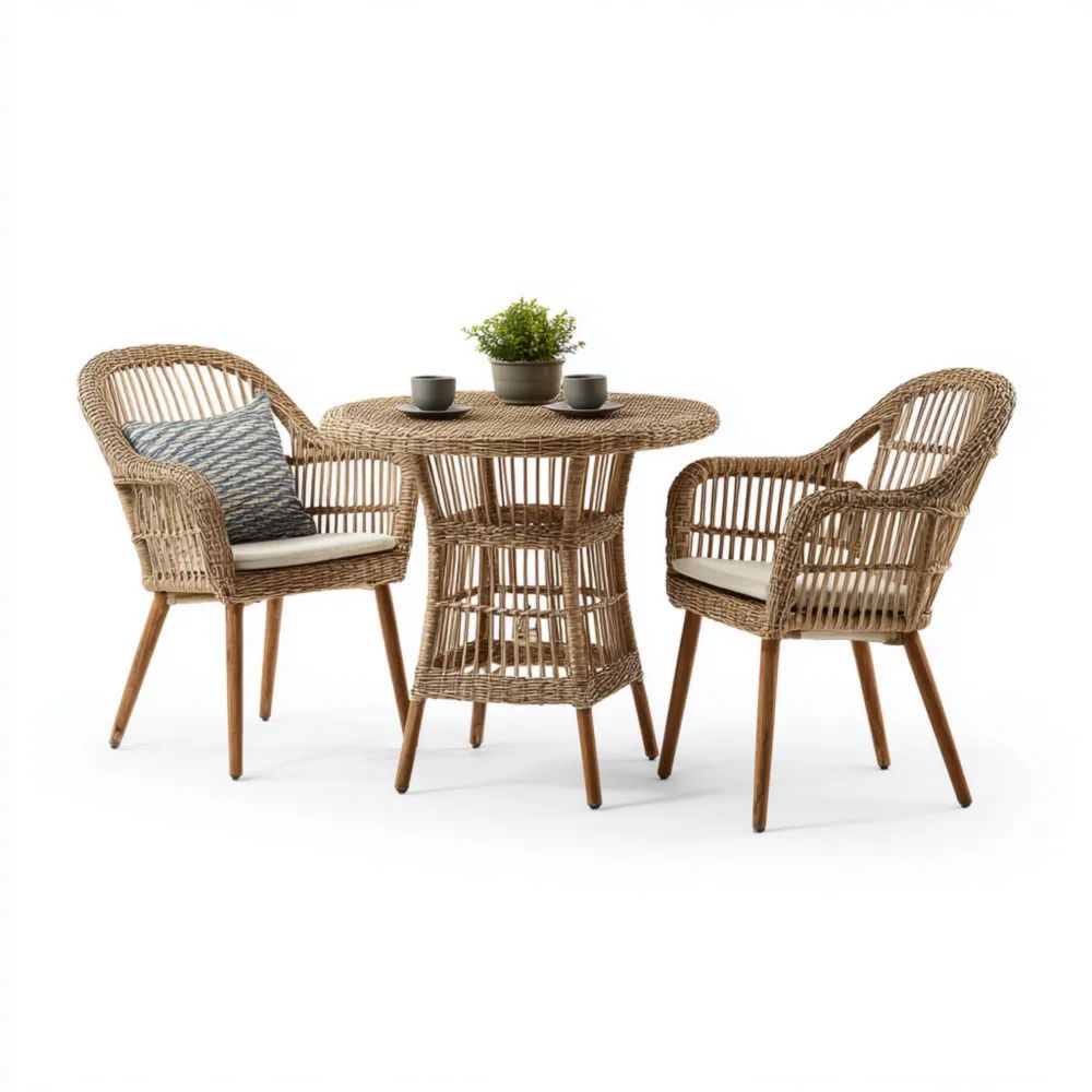 Rattan Essgruppe 3-teilig - Natürlich - Bistrotisch Set 70x70x75 cm für Garten