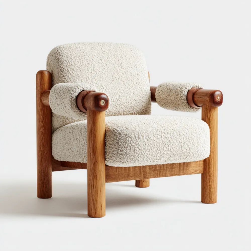 Sessel 85x75x80 cm Holzrahmen Bouclé Stoff – Creme – Retro Design