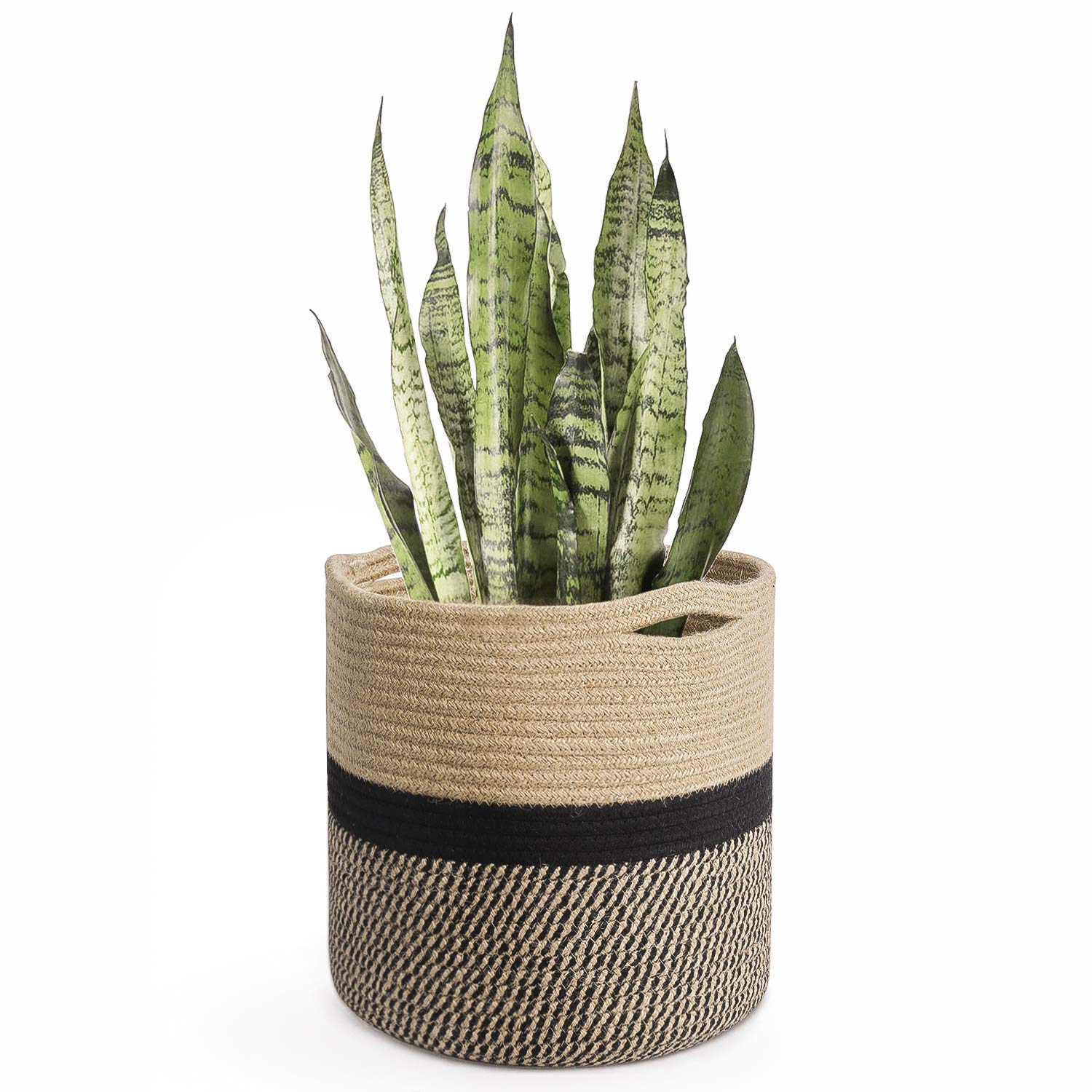 11” x 11” Sturdy Jute Rope Plant Basket, Modern Woven Planter for 10" Flower Pots, Black & Beige Stripes Rustic Home Decor & Storage Organizer