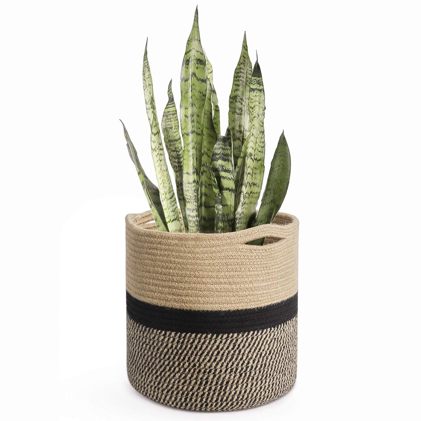11” x 11” Sturdy Jute Rope Plant Basket, Modern Woven Planter for 10" Flower Pots, Black & Beige Stripes Rustic Home Decor & Storage Organizer