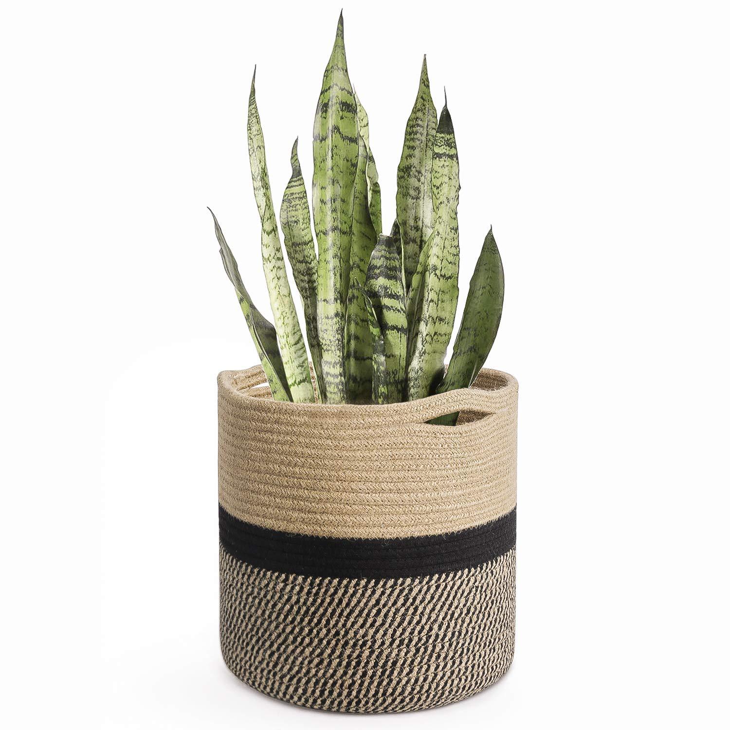 11” x 11” Sturdy Jute Rope Plant Basket, Modern Woven Planter for 10" Flower Pots, Black & Beige Stripes Rustic Home Decor & Storage Organizer