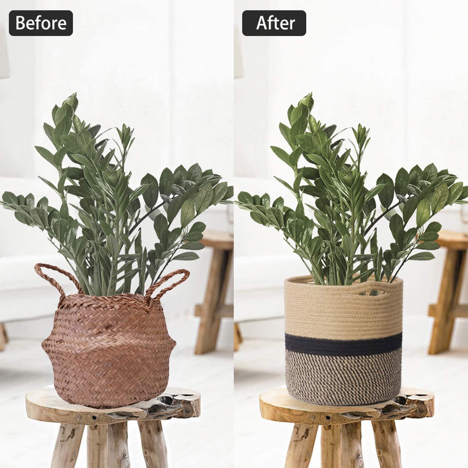 11” x 11” Sturdy Jute Rope Plant Basket, Modern Woven Planter for 10" Flower Pots, Black & Beige Stripes Rustic Home Decor & Storage Organizer