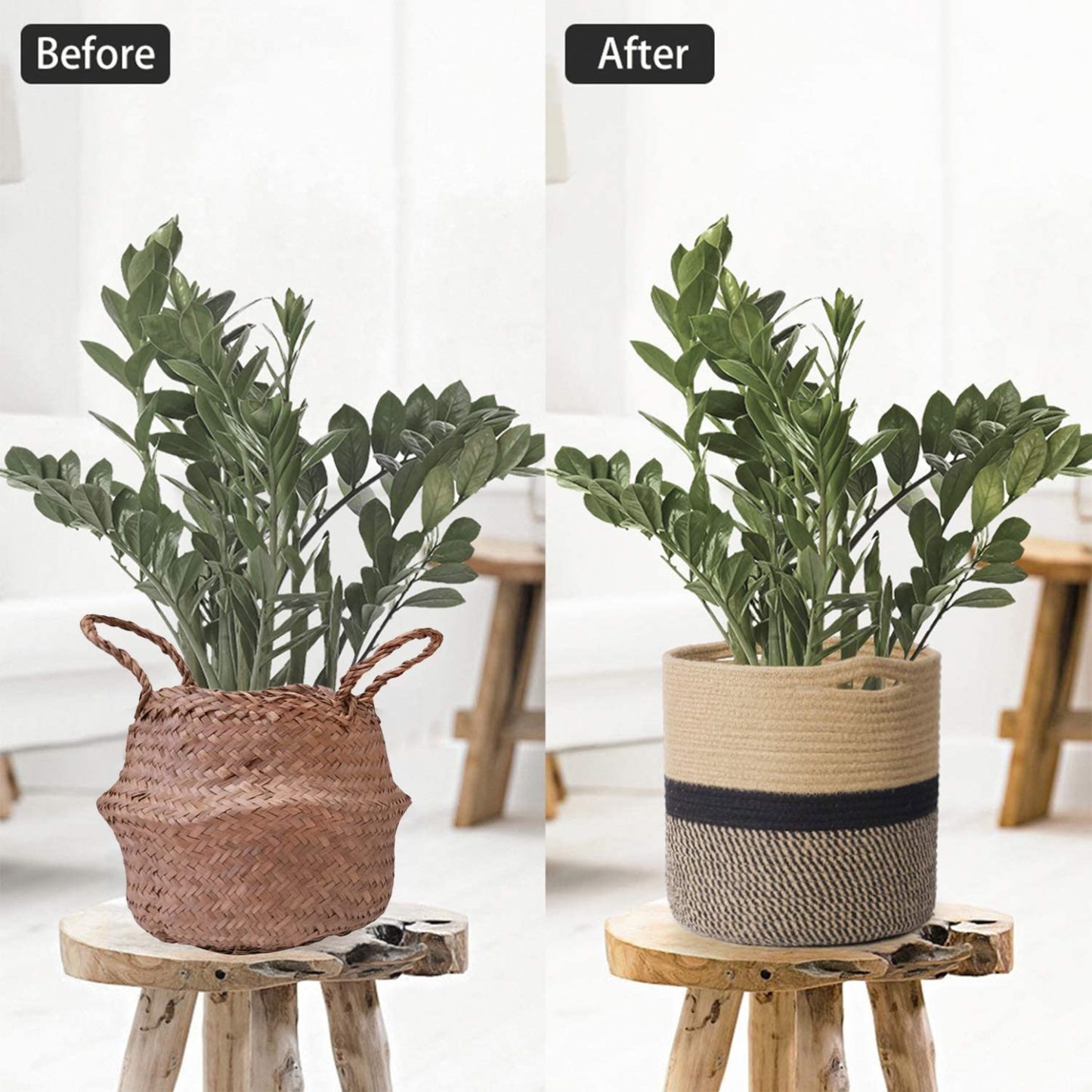 11” x 11” Sturdy Jute Rope Plant Basket, Modern Woven Planter for 10" Flower Pots, Black & Beige Stripes Rustic Home Decor & Storage Organizer
