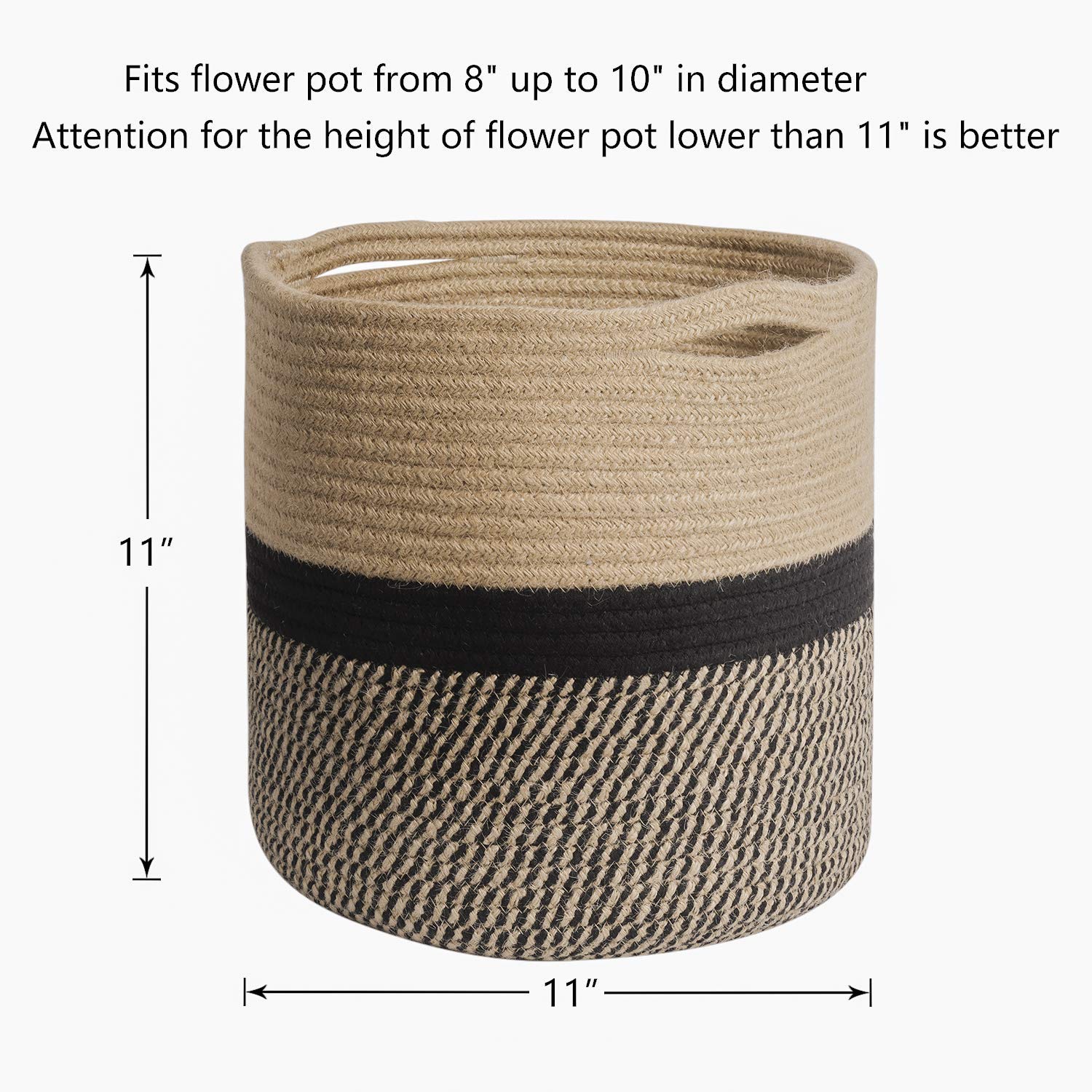 11” x 11” Sturdy Jute Rope Plant Basket, Modern Woven Planter for 10" Flower Pots, Black & Beige Stripes Rustic Home Decor & Storage Organizer