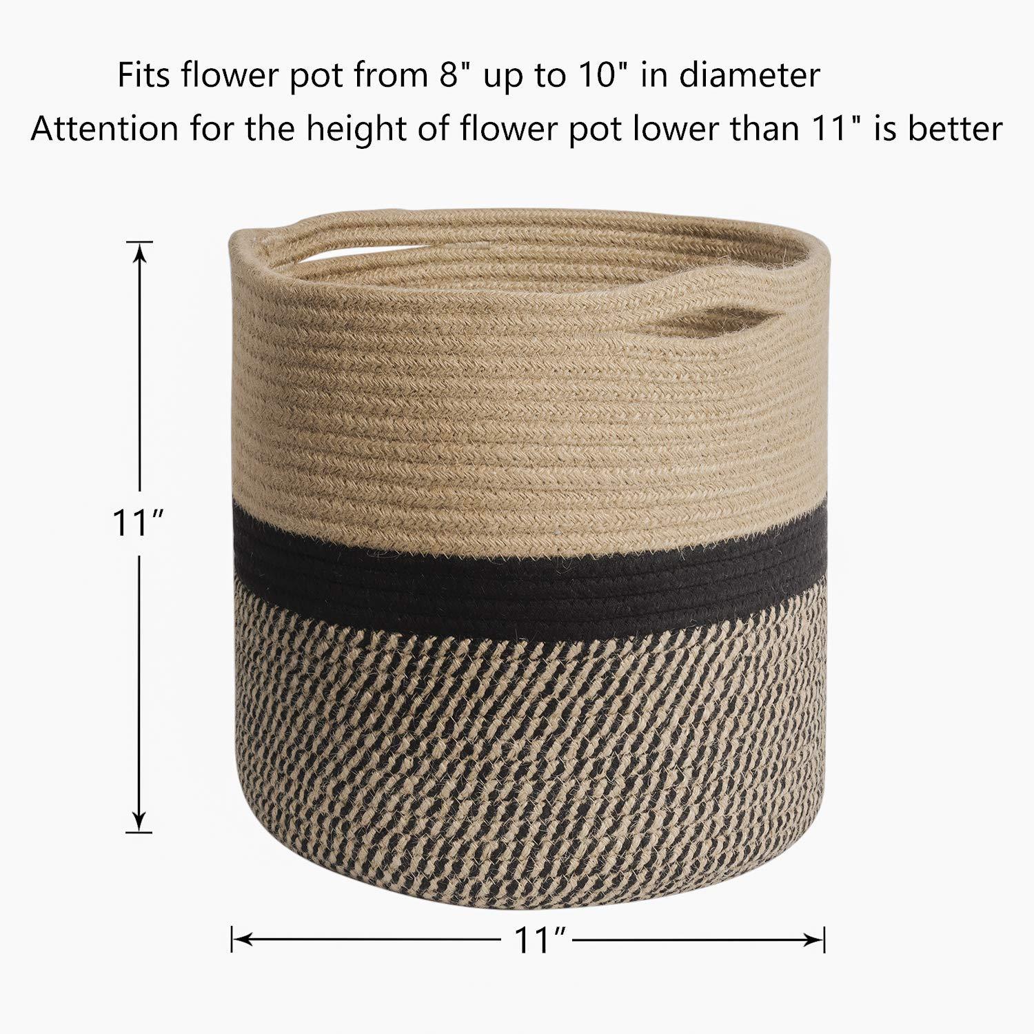 11” x 11” Sturdy Jute Rope Plant Basket, Modern Woven Planter for 10" Flower Pots, Black & Beige Stripes Rustic Home Decor & Storage Organizer