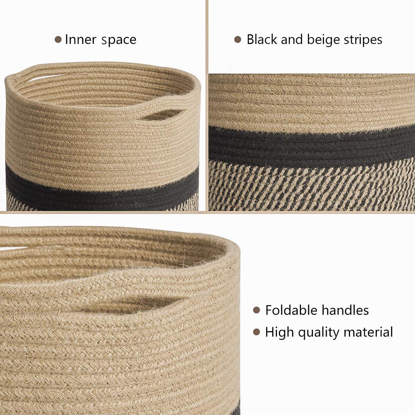 11” x 11” Sturdy Jute Rope Plant Basket, Modern Woven Planter for 10" Flower Pots, Black & Beige Stripes Rustic Home Decor & Storage Organizer