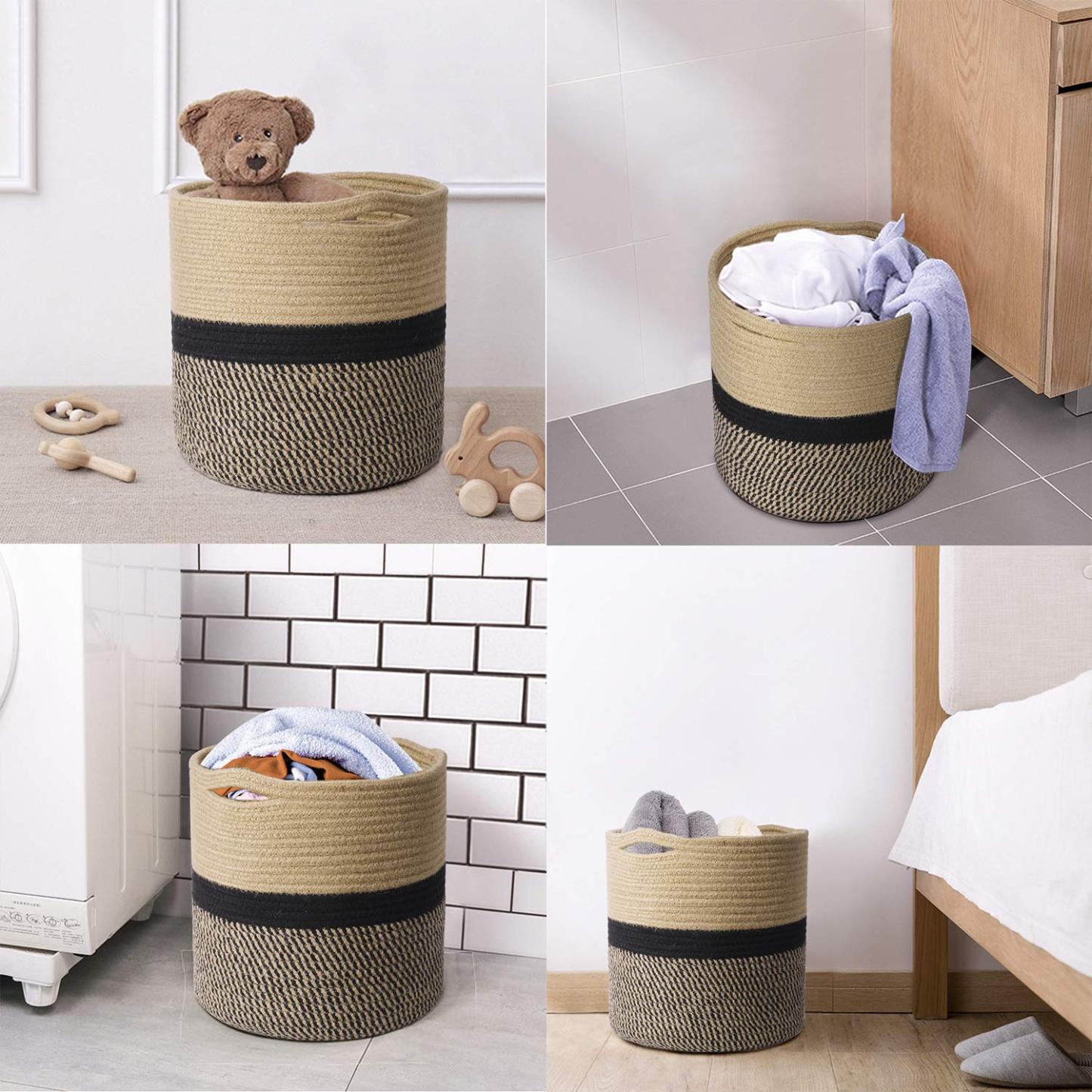 11” x 11” Sturdy Jute Rope Plant Basket, Modern Woven Planter for 10" Flower Pots, Black & Beige Stripes Rustic Home Decor & Storage Organizer