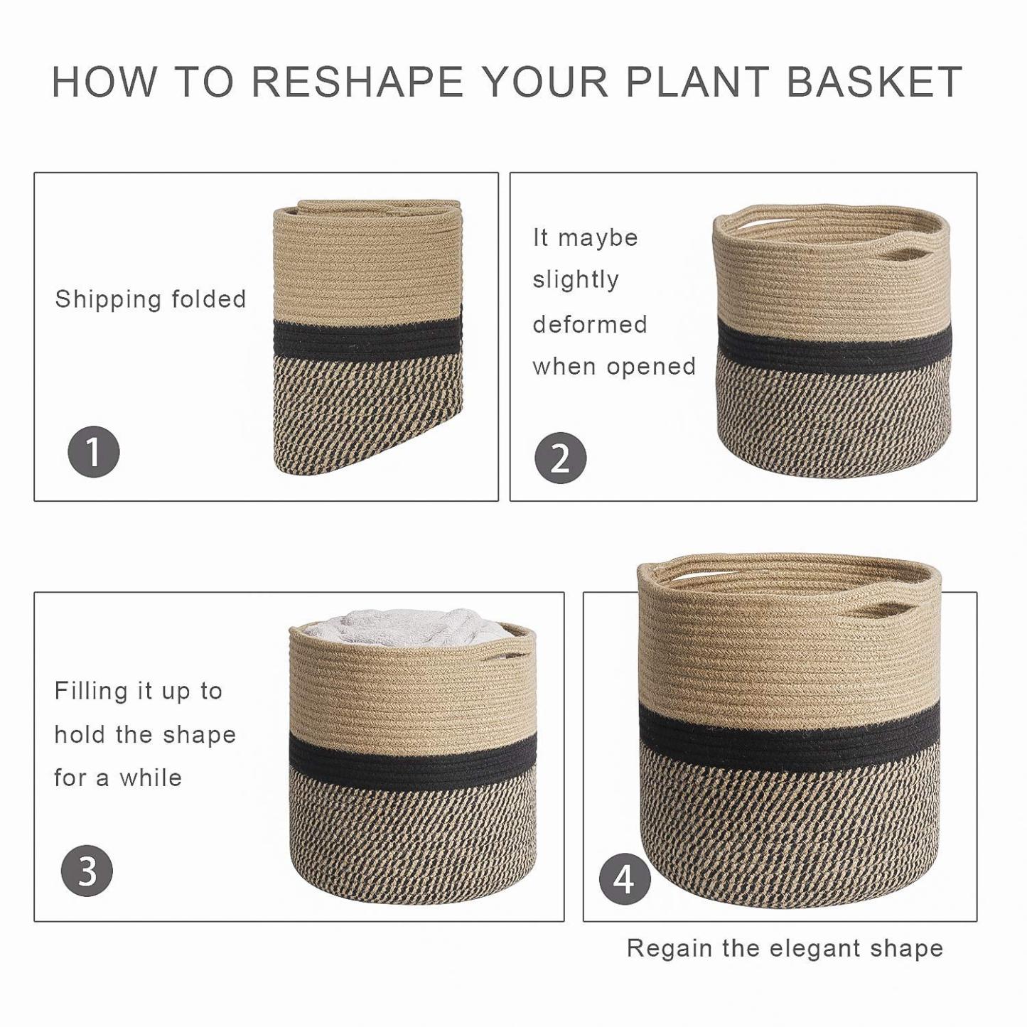 11” x 11” Sturdy Jute Rope Plant Basket, Modern Woven Planter for 10" Flower Pots, Black & Beige Stripes Rustic Home Decor & Storage Organizer