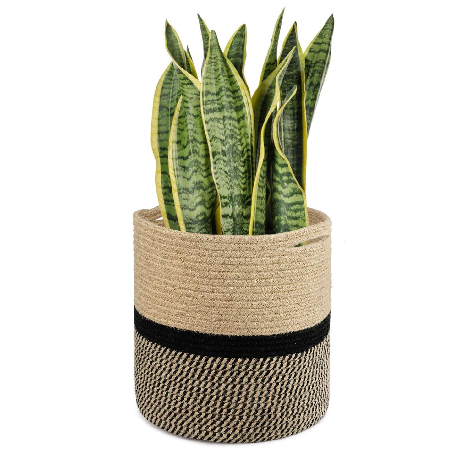 11” x 11” Sturdy Jute Rope Plant Basket, Modern Woven Planter for 10" Flower Pots, Black & Beige Stripes Rustic Home Decor & Storage Organizer