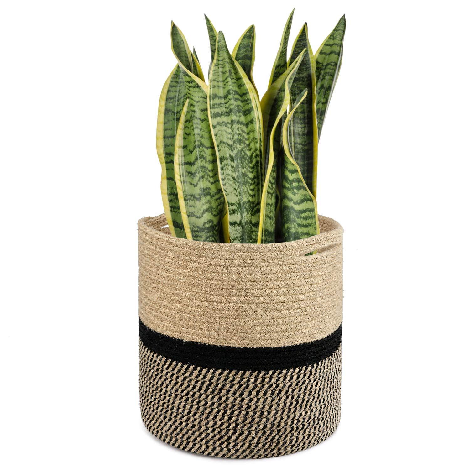 11” x 11” Sturdy Jute Rope Plant Basket, Modern Woven Planter for 10" Flower Pots, Black & Beige Stripes Rustic Home Decor & Storage Organizer
