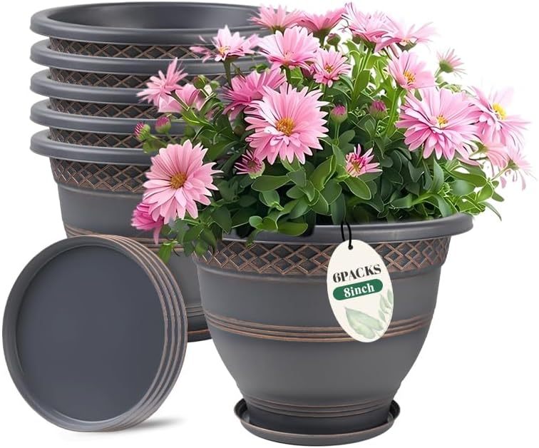 4 Pack 10 Inch Plastic Plant Pots with Drainage Holes & Saucers, Plaid Pattern Planters for Indoor Outdoor Herbs & Garden