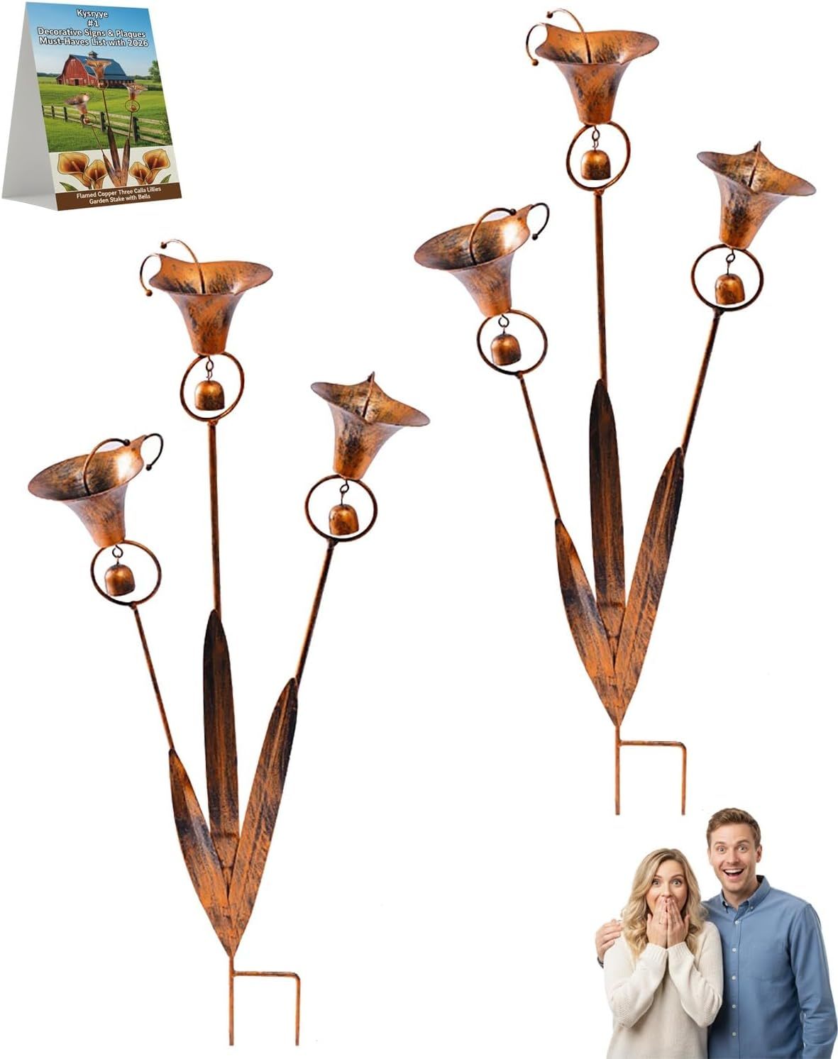 24 Inch Handmade Flamed Copper Calla Lily Garden Stake, 3 Flowers with Bells & Rain Catcher, Rustic Metal Yard Art Sculpture, Wind Chime Ornament & Gift
