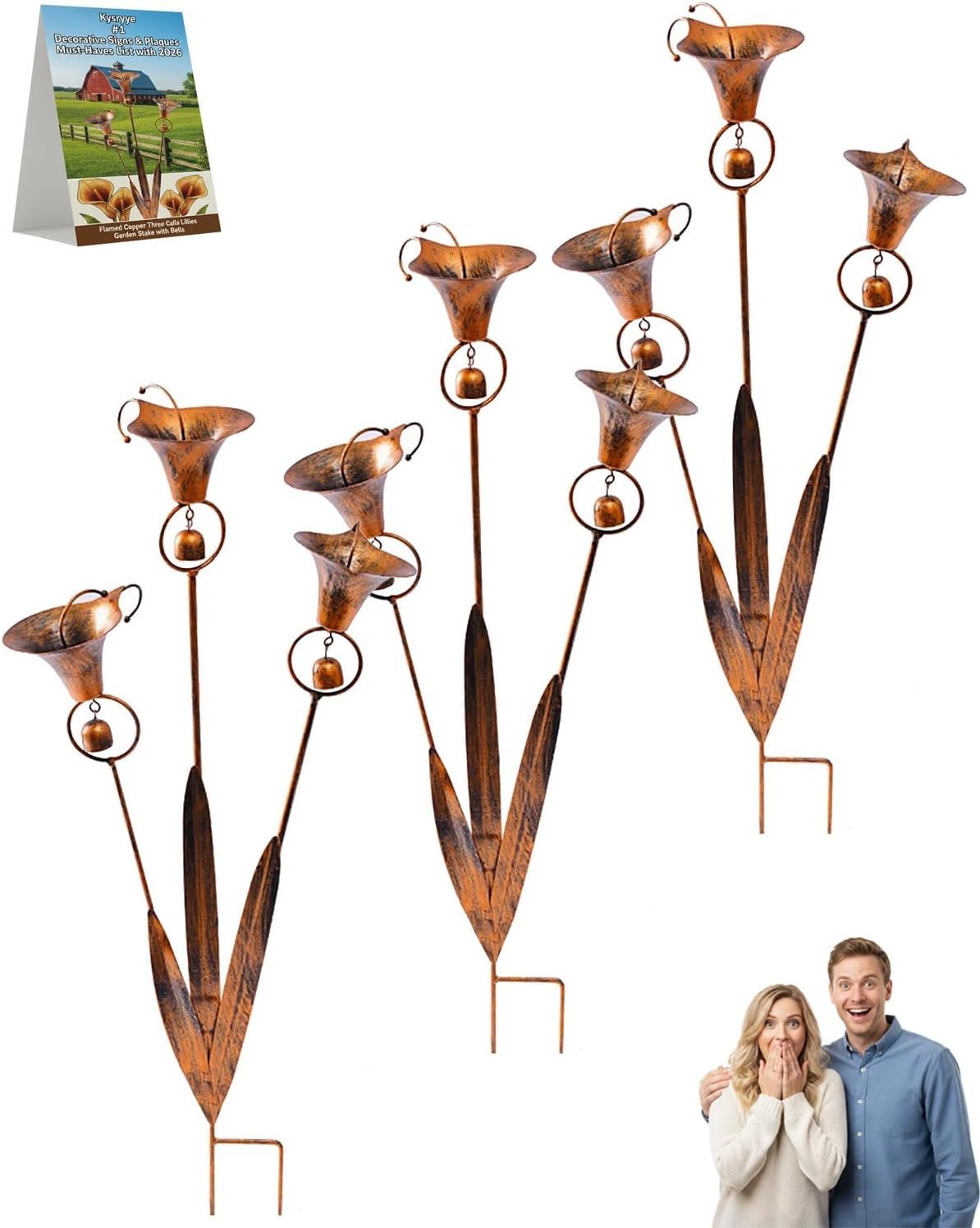 24 Inch Handmade Flamed Copper Calla Lily Garden Stake, 3 Flowers with Bells & Rain Catcher, Rustic Metal Yard Art Sculpture, Wind Chime Ornament & Gift