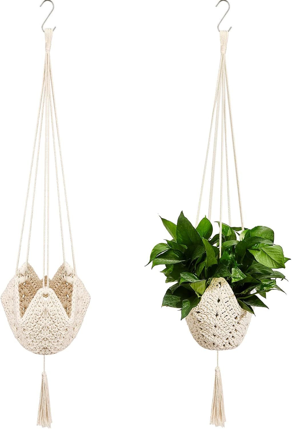 2 Pack Jute Crochet Plant Hanger, Long Macrame Plant Holder Rope with S-Hooks, Fits 3–12 Inch Pots, Boho Wall Hanging Decor for Halloween & Home