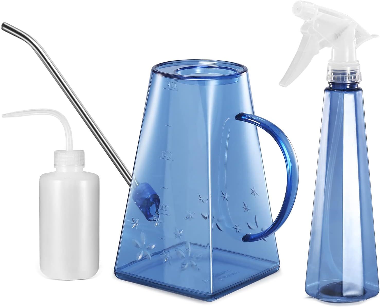 47oz Plastic Watering Can with Long Spout & Wide Opening, Green, Comes with 16oz Spray Bottle + 8.5oz Squeeze Bottle for House Plants