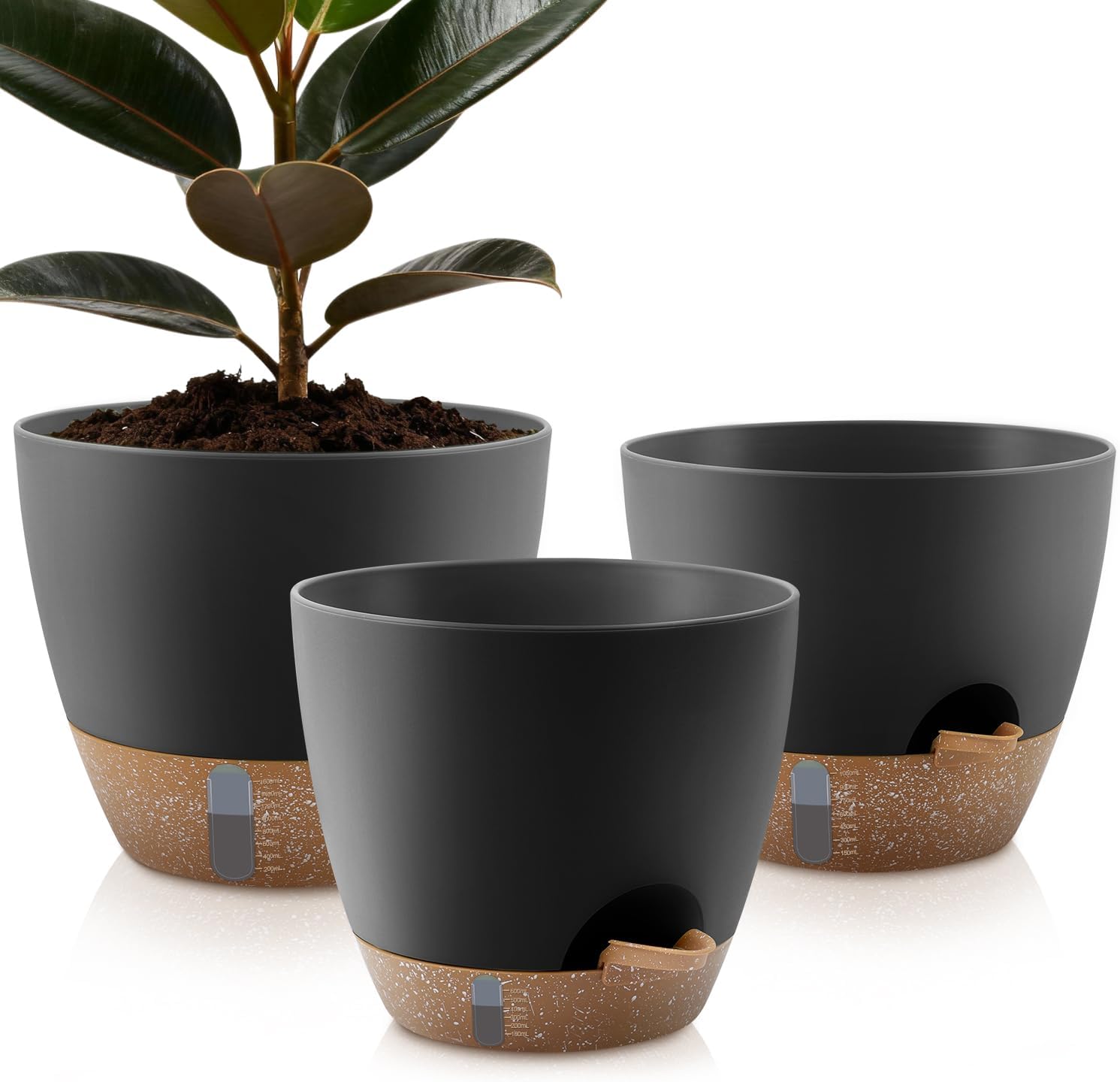 Self-Watering Plant Pots with Water Level Indicator & Drainage Holes – 12/10/9 Inch Large Plastic Planters for Indoor & Outdoor Plants