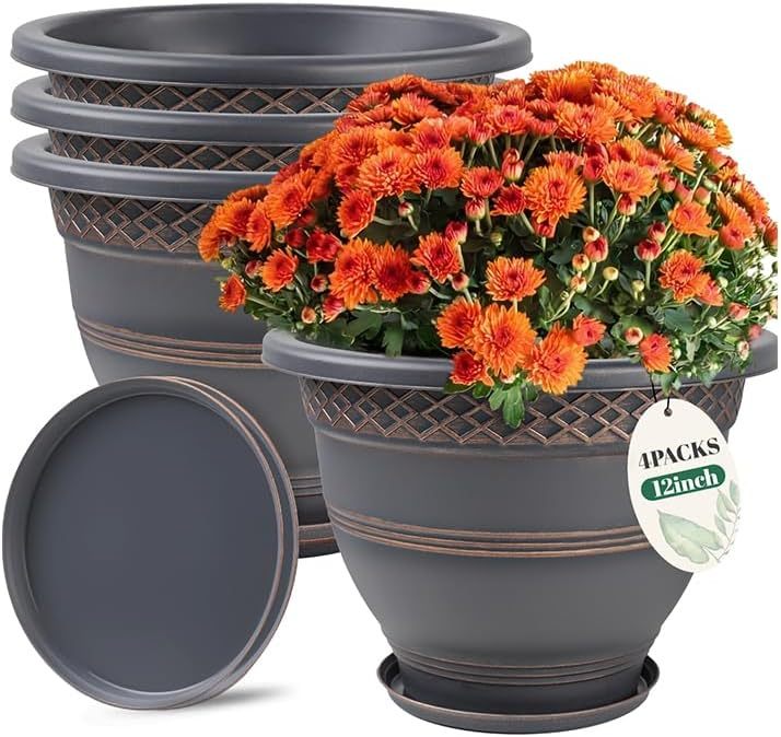 4 Pack 10 Inch Plastic Plant Pots with Drainage Holes & Saucers, Plaid Pattern Planters for Indoor Outdoor Herbs & Garden