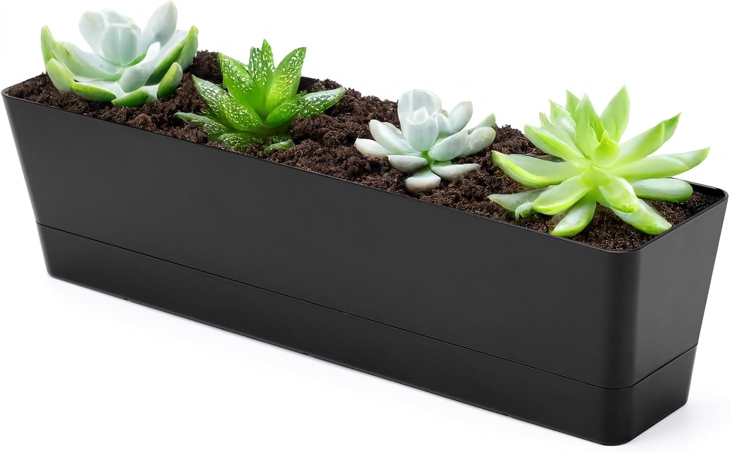 3 Pack 16x3.8 Inch Black Rectangular Plastic Planter Boxes, Flower Herb Succulent Pots with Drainage Holes & Tray for Indoor Outdoor Balcony Garden Windowsill