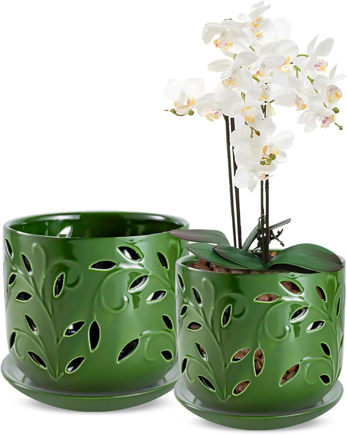 White Ceramic Orchid Pot Set (5 + 6 Inch) with Drainage Holes & Saucers for Indoor & Outdoor Use