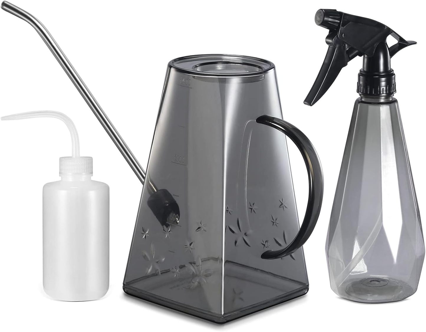 47oz Plastic Watering Can with Long Spout & Wide Opening, Green, Comes with 16oz Spray Bottle + 8.5oz Squeeze Bottle for House Plants